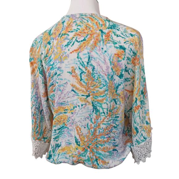 WIT & WISDOM Gauzy Top Wrap Blouse S Floral Crochet Lace Cottage Beach Hip Tie - Picture 8 of 8